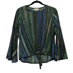 Vintage Studio JPR Green & Blue Bell Sleeve Tie Front Top